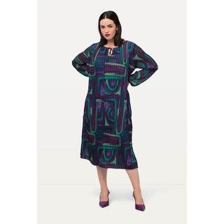 Ulla Popken  Robe plissée longueur midi, col tunisien et manches longues, silhouette en A 