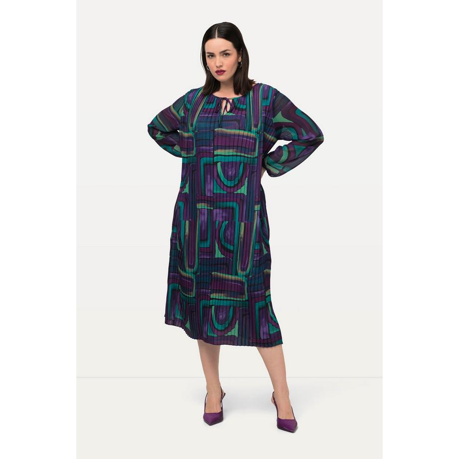 Ulla Popken Abito Midi Plissettato Linea A Scollo a Tunica Manica Lunga  