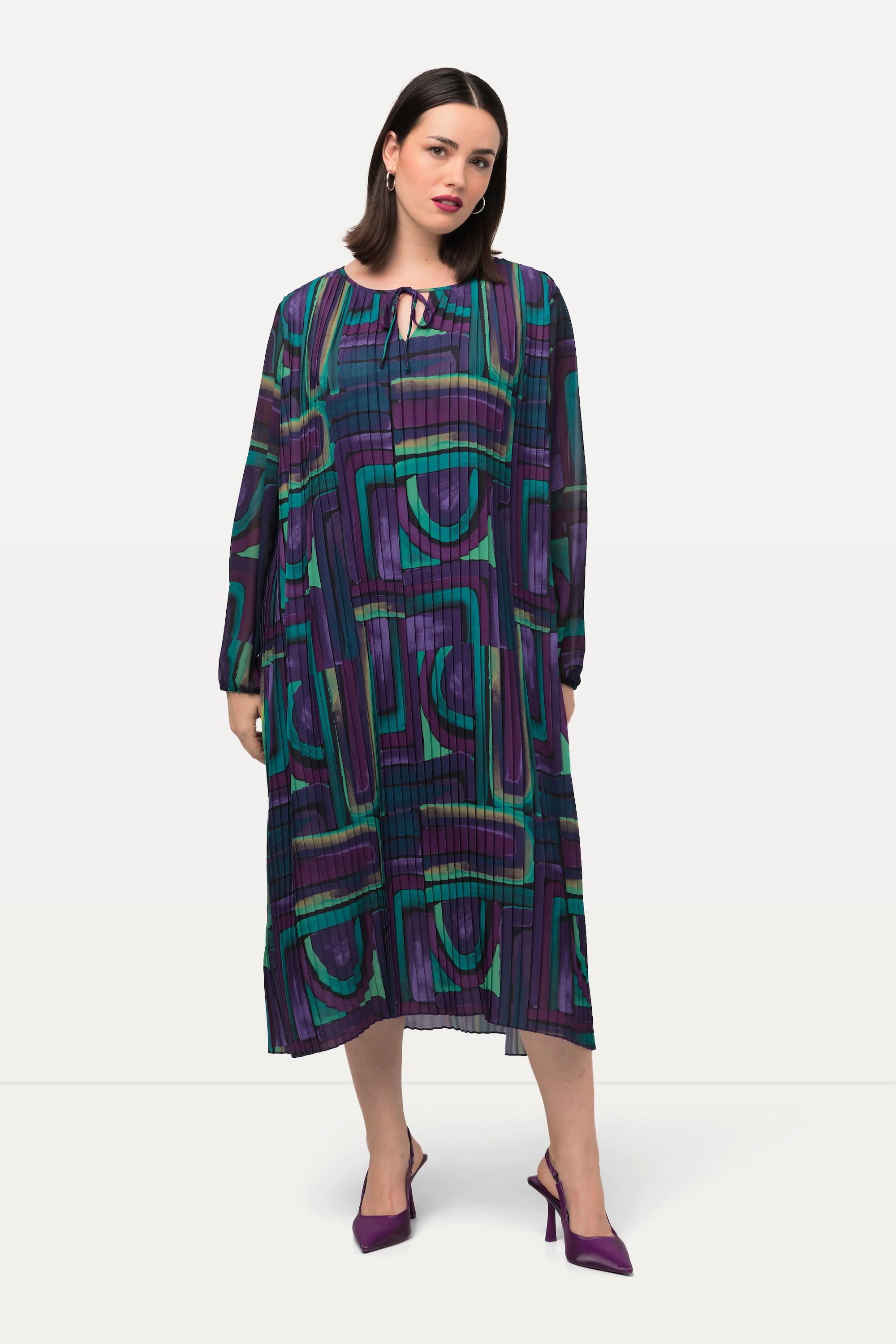 Ulla Popken  Robe plissée longueur midi, col tunisien et manches longues, silhouette en A 