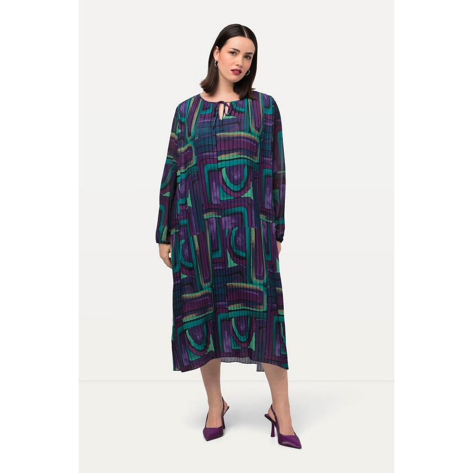 Ulla Popken Abito Midi Plissettato Linea A Scollo a Tunica Manica Lunga  