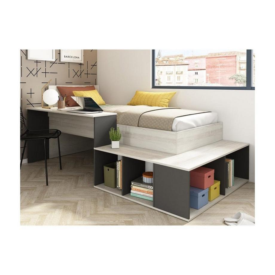 Vente-unique Lit combiné 90 x 200 cm avec rangements et bureau - Coloris : Naturel et anthracite + Sommier + Matelas - RIGALI  