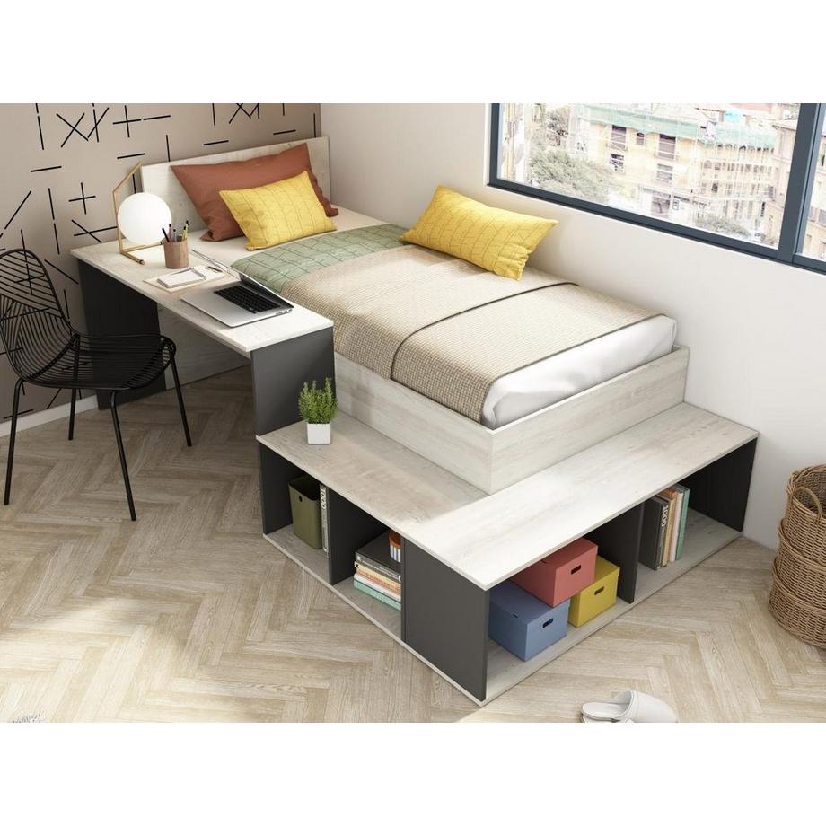 Vente-unique Lit combiné 90 x 200 cm avec rangements et bureau - Coloris : Naturel et anthracite + Sommier + Matelas - RIGALI  