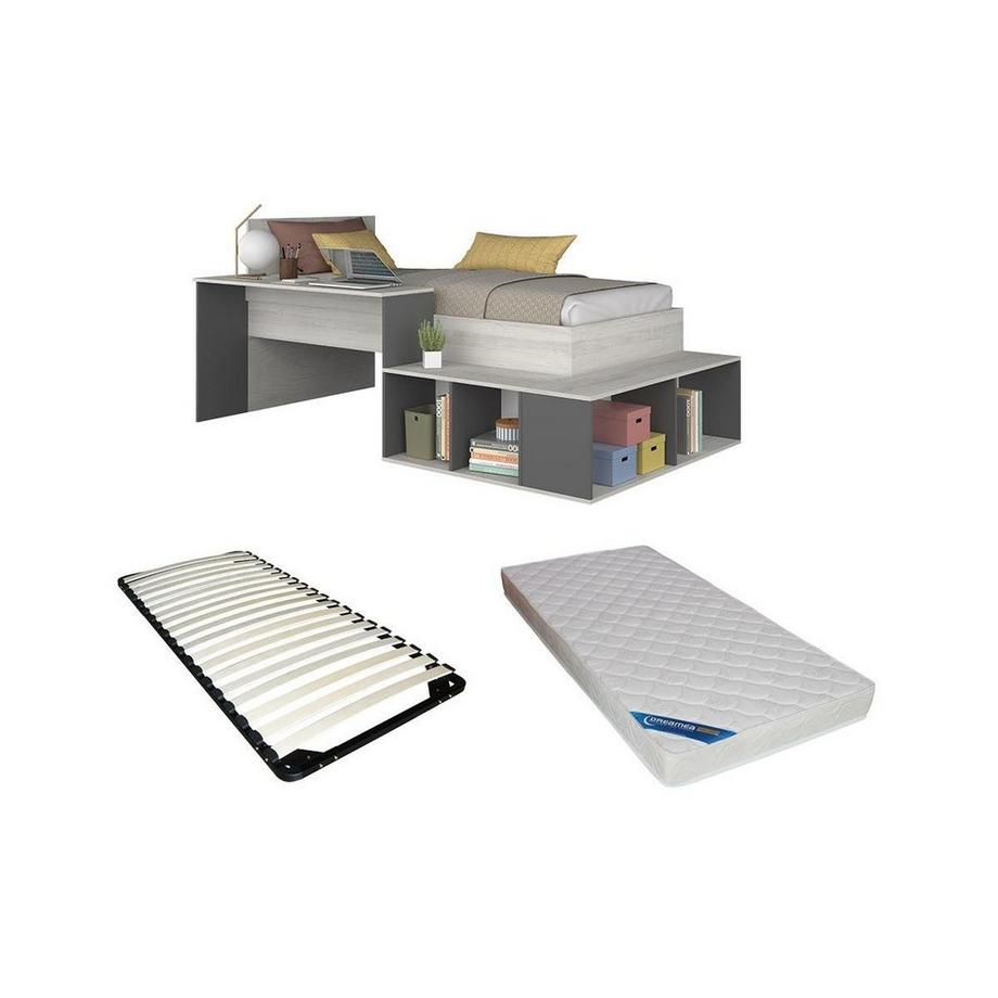 Lit combiné 90 x 200 cm avec rangements et bureau - Coloris : Naturel et anthracite + Sommier + Matelas - RIGALI