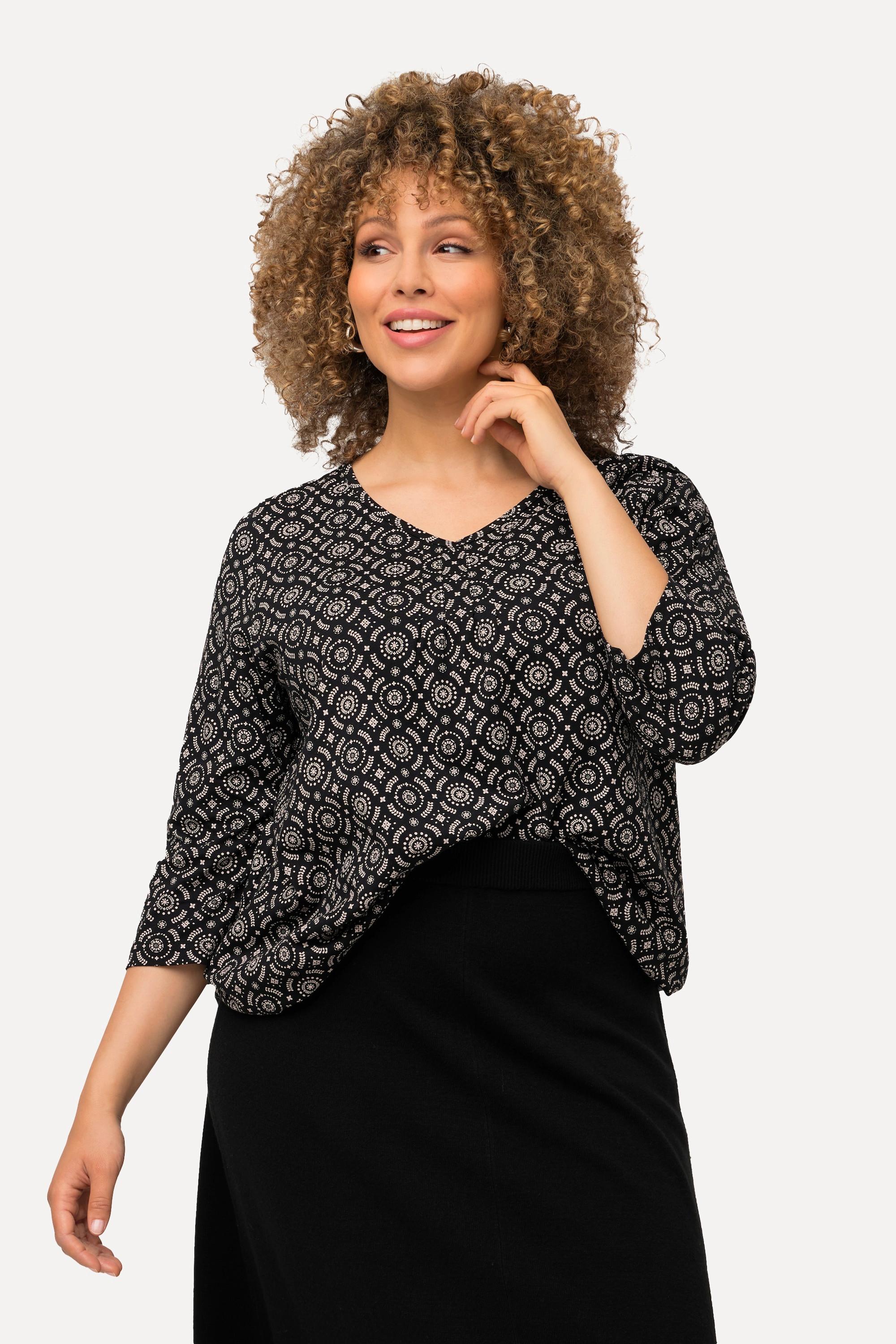 Ulla Popken  Shirt, A-Linie, Zierfalten, V-Ausschnitt, 3/4-Arm 