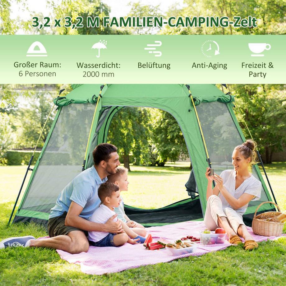Northio  Campingzelt 6-Personen Familien-Kuppelzelt, Pu2000Mm, Einfacher Aufbau, Stahl & Glasfaser, Grün, 320X320X180Cm 