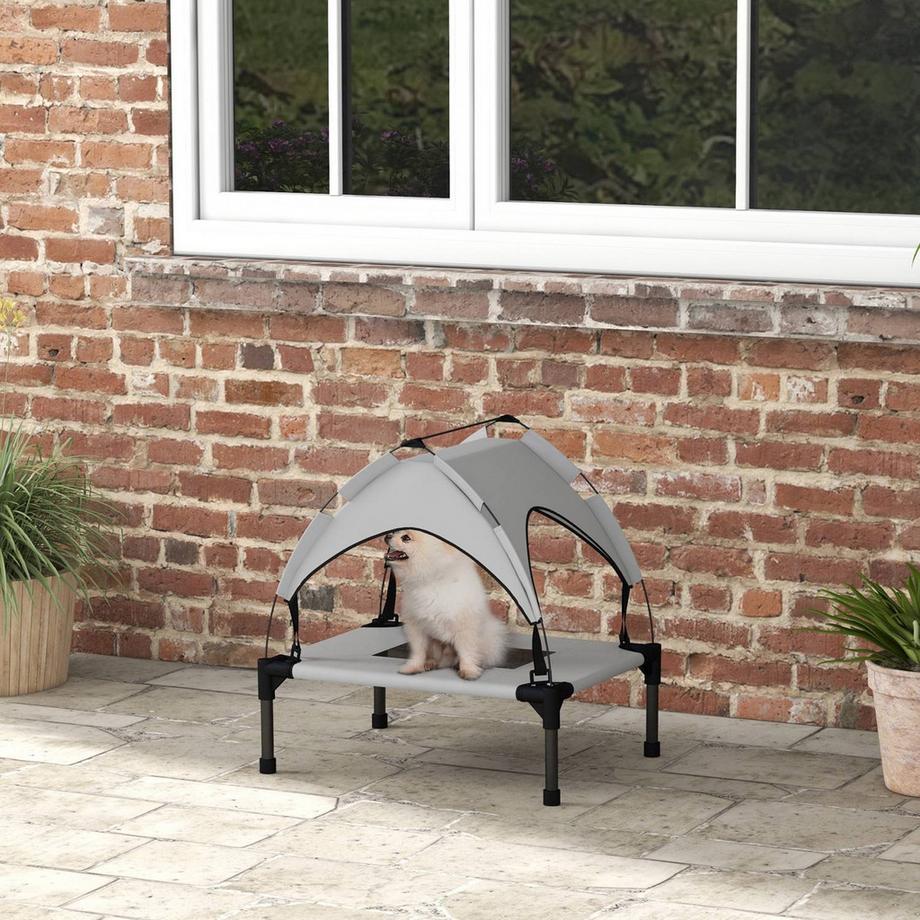 Northio  Lit surélevé pour chien avec auvent, lit pour animal domestique, chaise longue d'extérieur avec toit, respirant, pour mini et petits chiens, gris clair Oxford 61 x 46 x 63 cm 