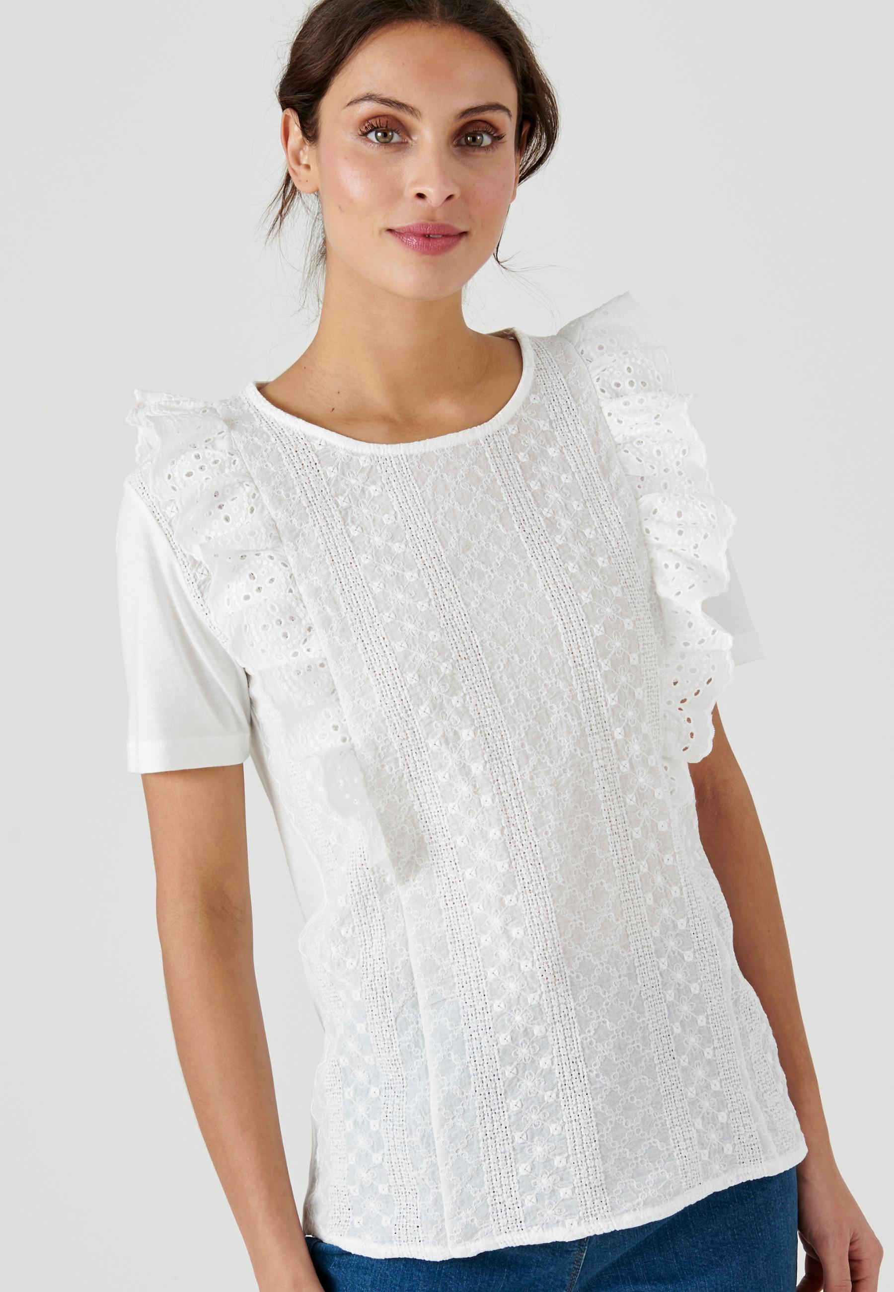 Image of T-shirt Aus Materialmix Mit Lochstickerei. Damen Braun 34/36