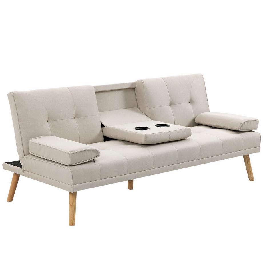 Schlafsofa, 3-Sitzer-Sofa, Bettsofa Mit Klappbarem Tisch, Stoffsofa Mit Leinenoptik, Im Skandi-Design, Bis 250 Kg Belastbar
