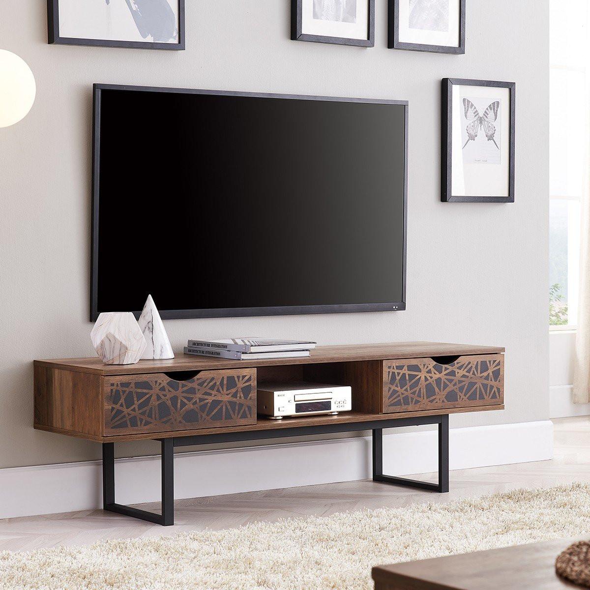 Calicosy Meuble TV 2 tiroirs et une niche décor bois et motifs noirs L140 cm - Anaëlle  