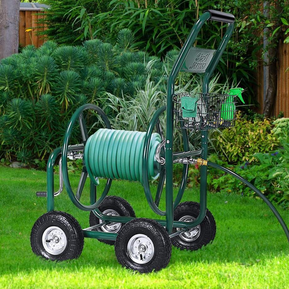 Northio  Garten Schlauchwagen Schlauchaufroller Schlauchtrommel mit Korb Grün Metall 96 x 62 x 113 cm 