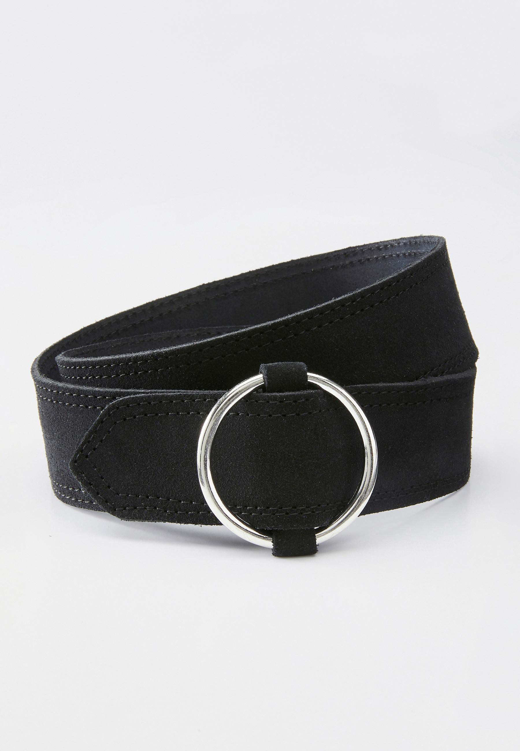 Image of Schmaler Gürtel Aus Veloutiertem Spaltleder, Schliesse Aus Silberfarbenem Metall. Damen Schwarz 90cm