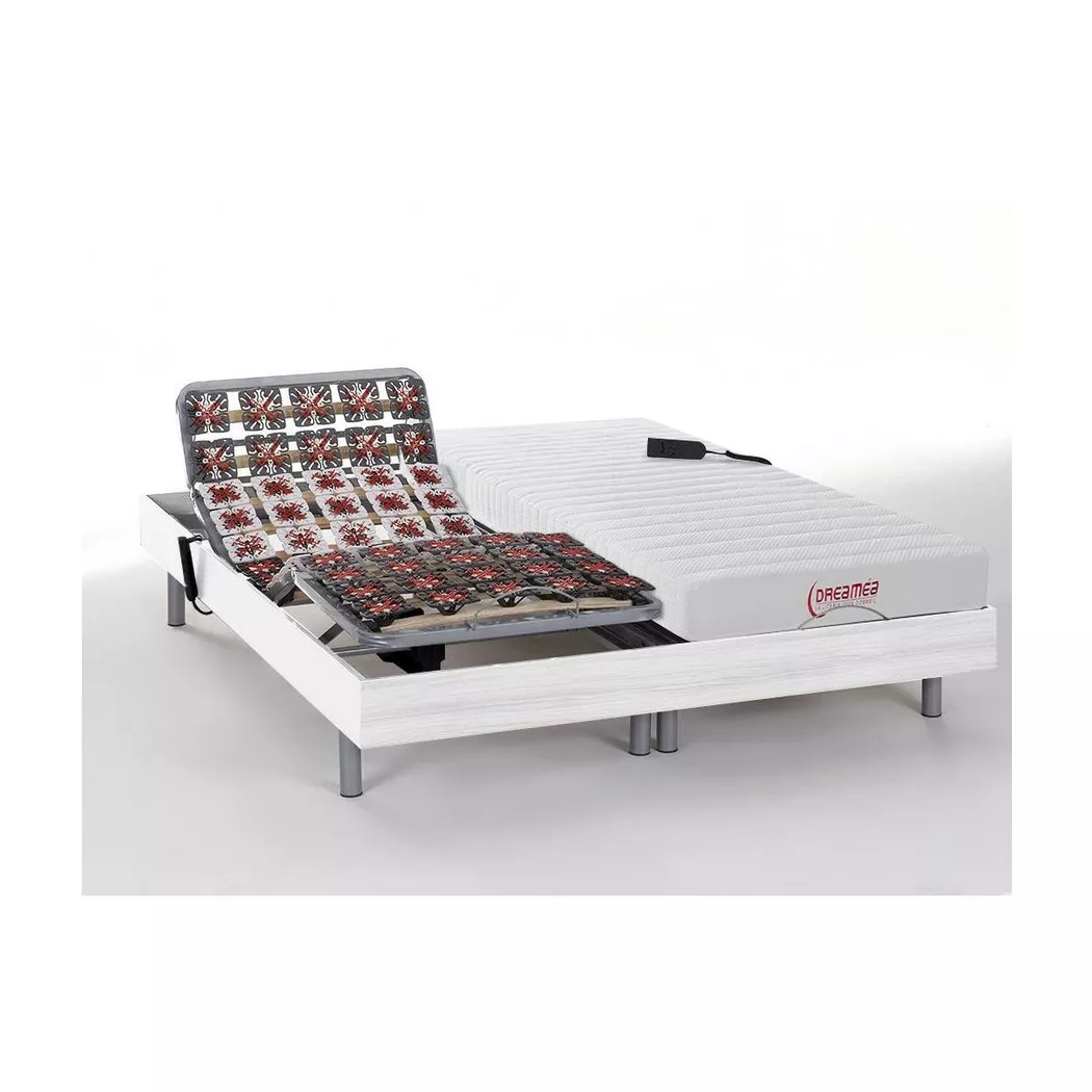 Vente-unique - Lit électrique de relaxation tout plots + matelas accueil latex - 2 x 90 x 200 cm - Blanc - ether de dreamea