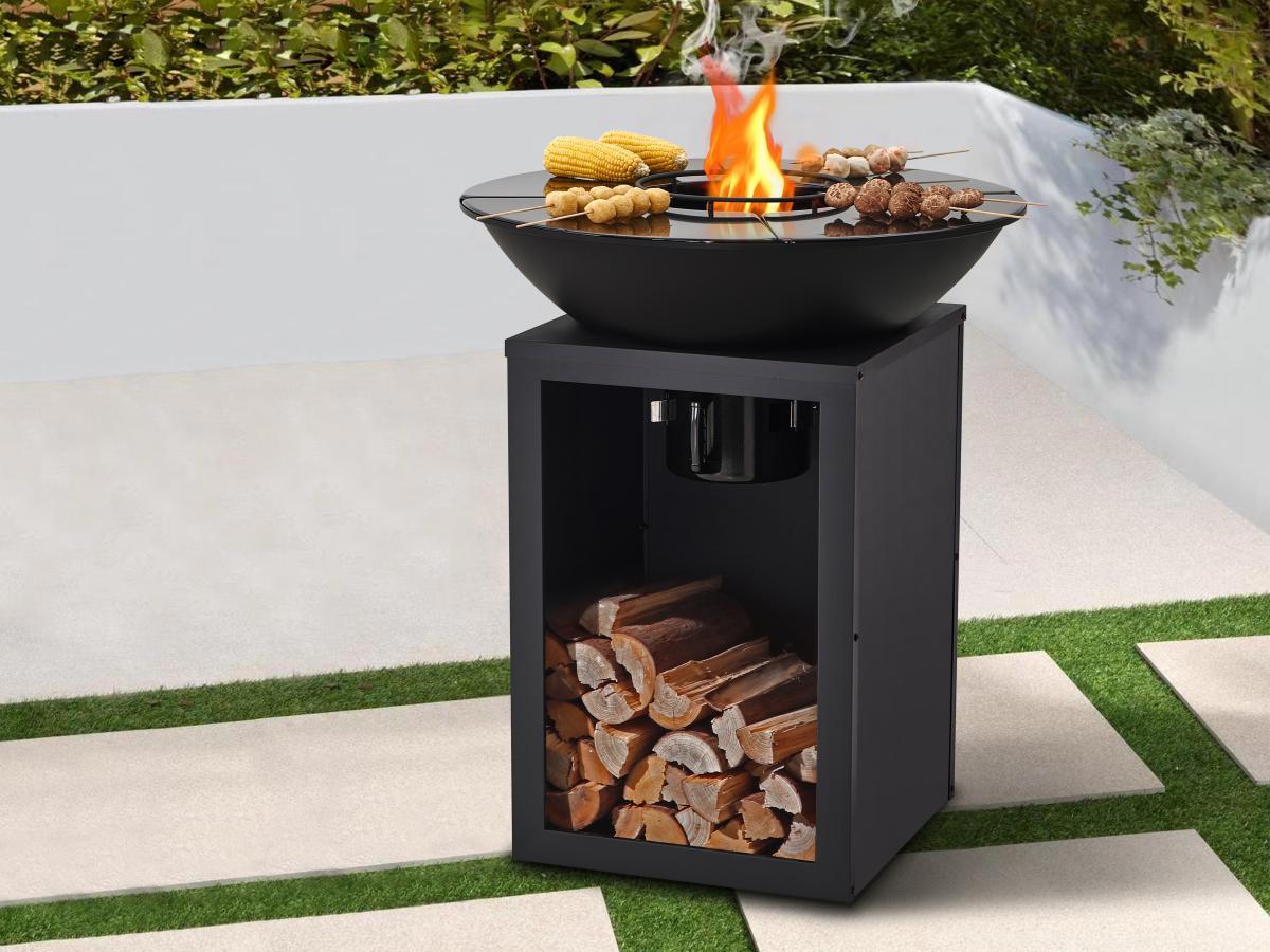 Vente-unique Barbecue plancha brasero à charbon et bois avec rangement L80 x l80 x H95 cm noir - IGNOS  