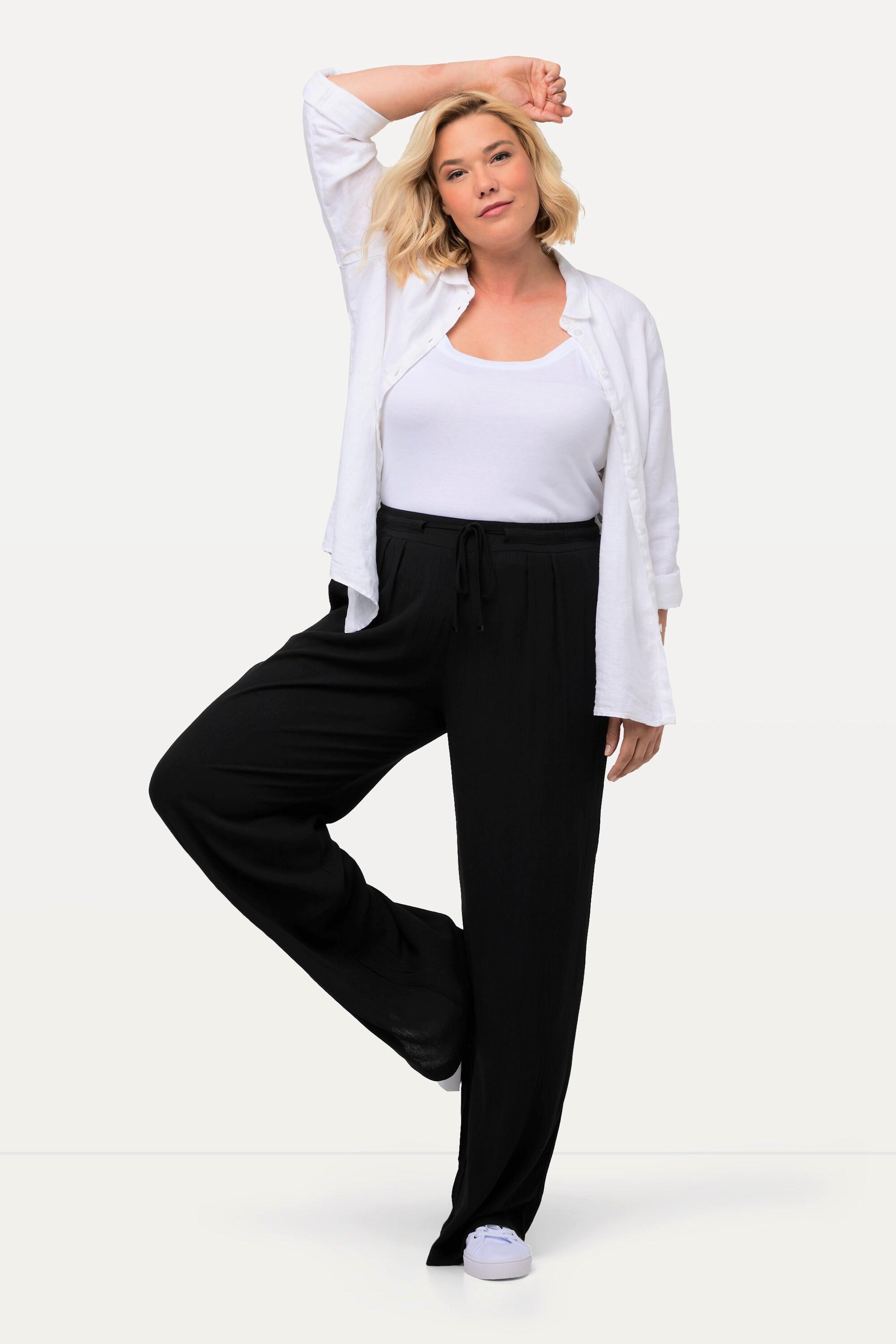 Ulla Popken  Pantalon Rose en viscose. Jambe large, taille élastique et cordon de serrage 