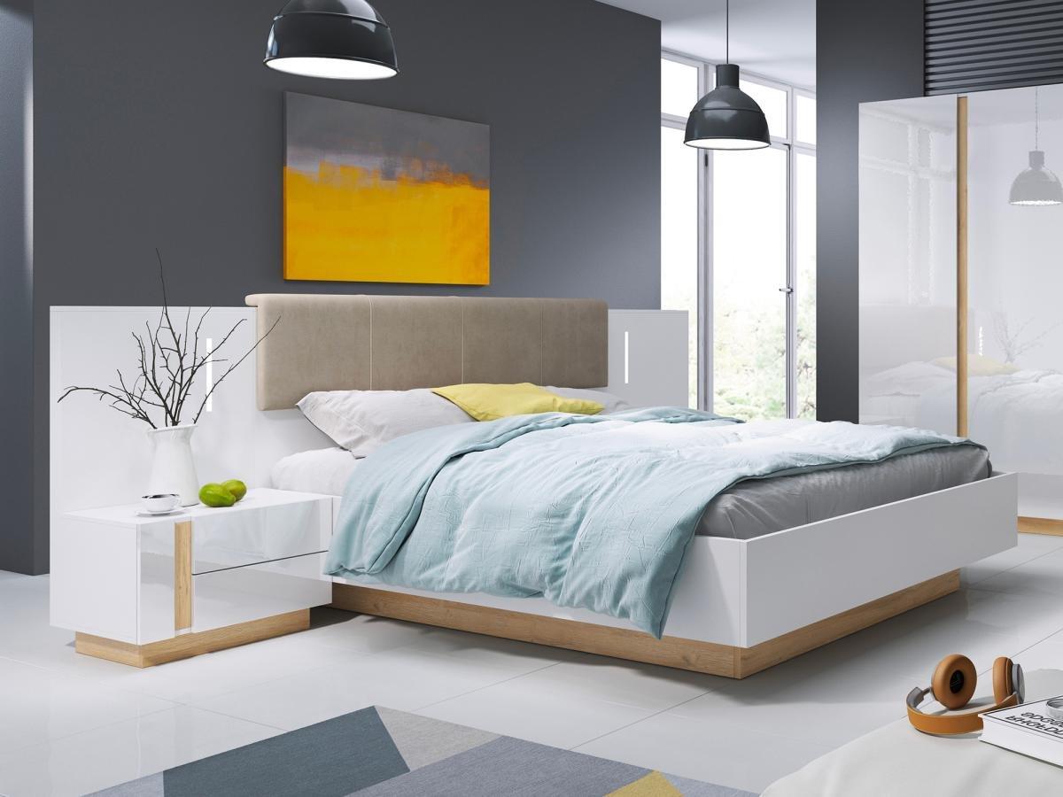 Vente-unique Letto con contenitore con comodini - con LED - 160 x 200 cm - Bianco e Naturale - MURARI  