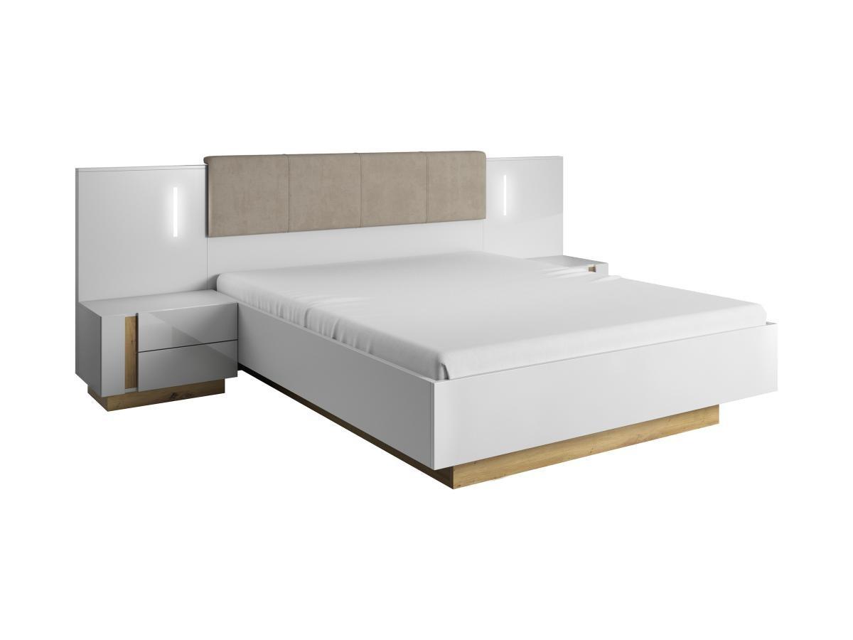 Vente-unique Letto con contenitore con comodini - con LED - 160 x 200 cm - Bianco e Naturale - MURARI  