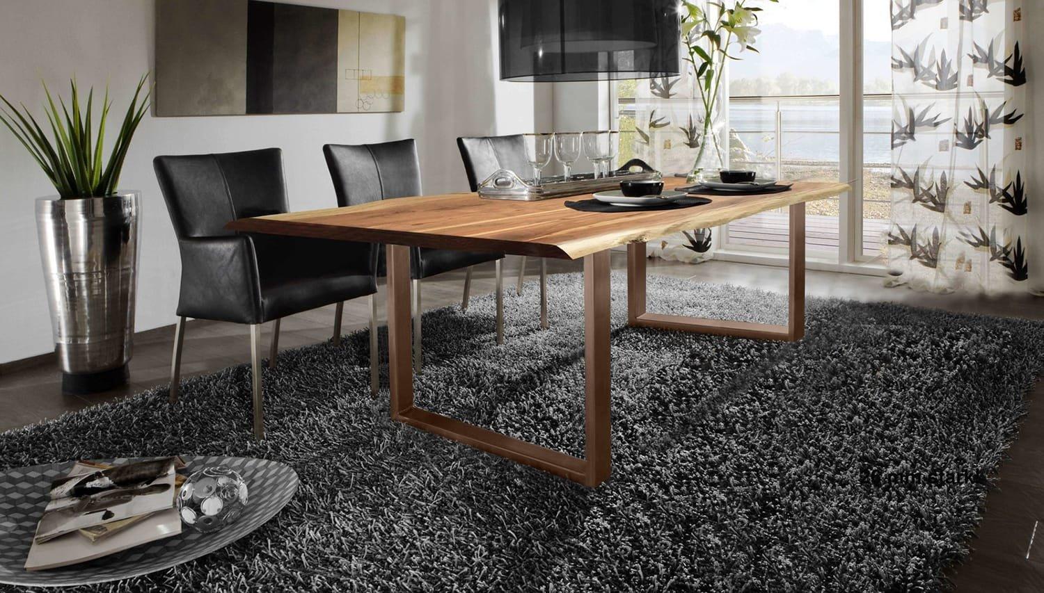 mutoni Table 200x100 cm - acacia naturel - métal brun - avec bordure d'arbre  