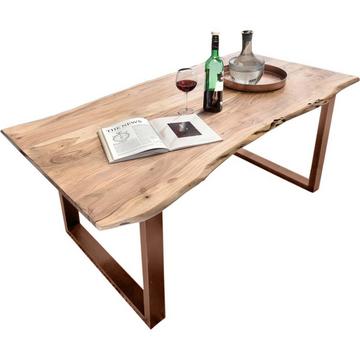 Table 200x100 cm - acacia naturel - métal brun - avec bordure d'arbre