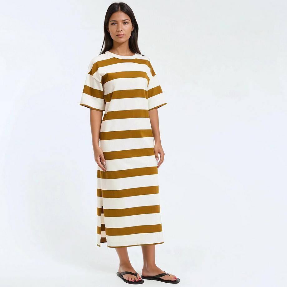 Gestreiftes langes Kleid mit Schulterknöpfen und kurzen Ärmeln