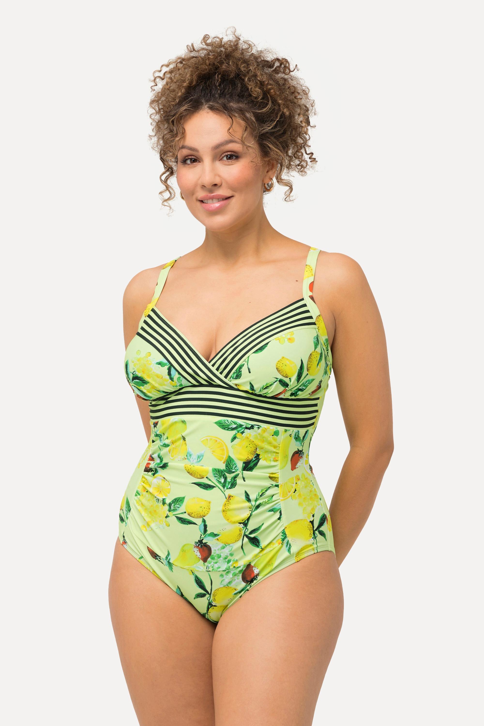 Ulla Popken  Maillot de bain à bonnets souples et motif citrons. Bretelles réglables. Matière recyclée. 