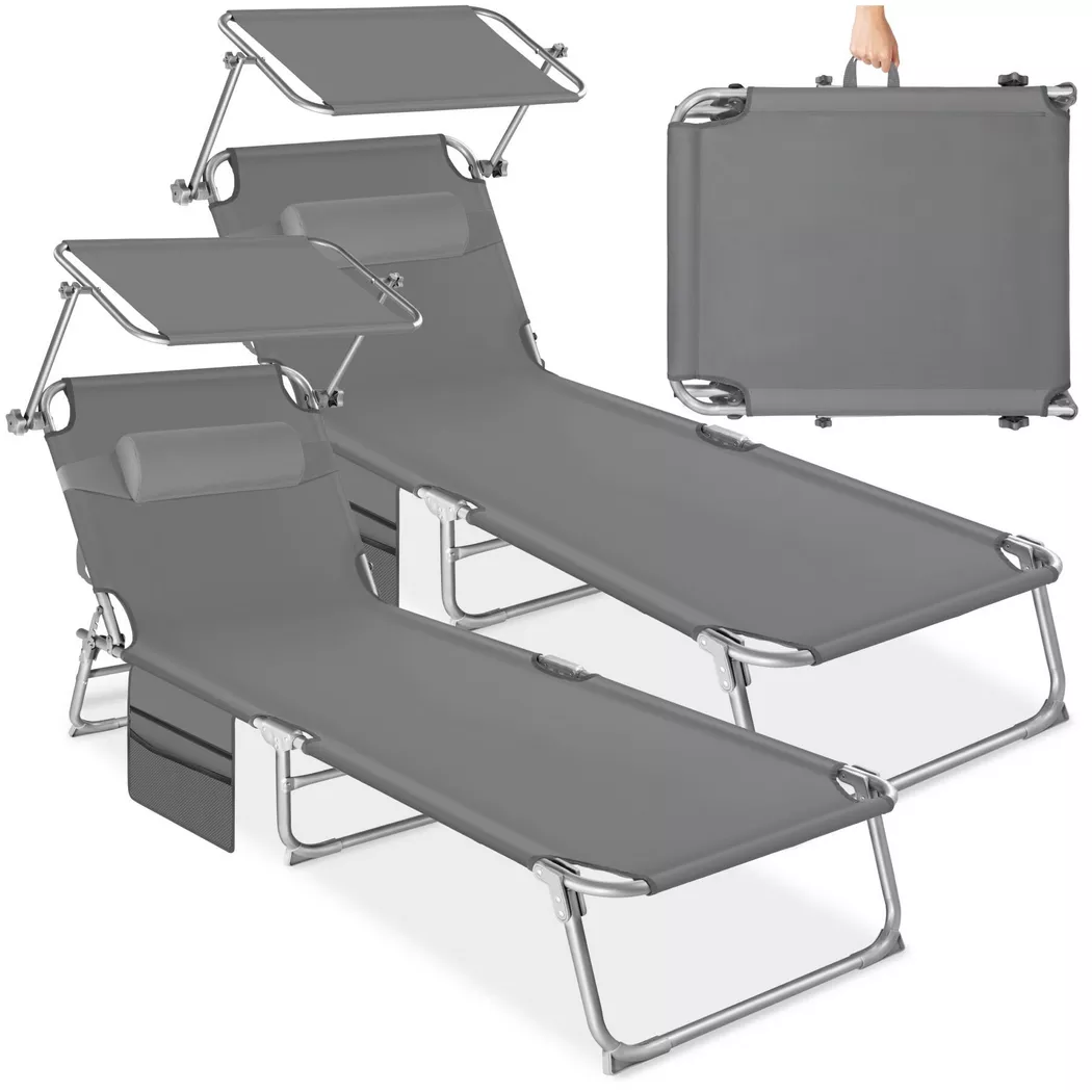 Tectake - Sonnenliege 4-stufig verstellbar, klappbar, mit Kopfpolster, Sonnendach, witterungsbeständig, 2 Stück, Grau