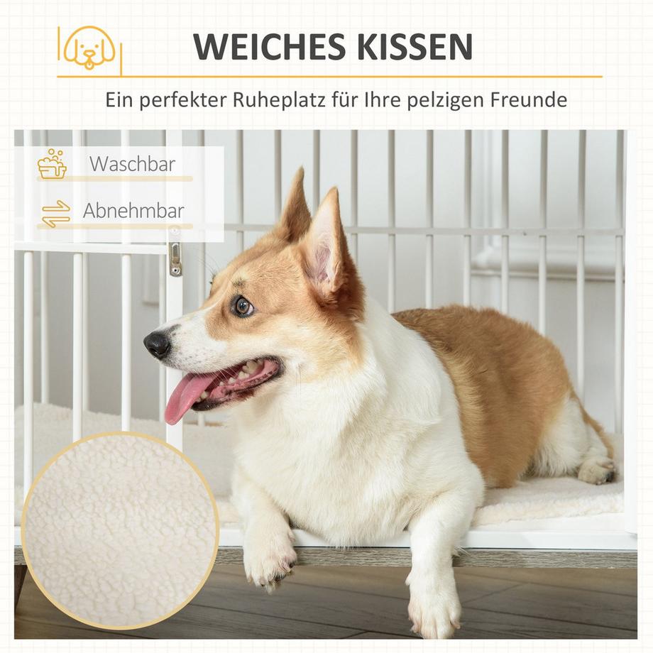Northio  Hundekäfig Holzoptik Tischplatte Kissen Mittelgroße Hunde Weiß+Grau 86X60X70Cm 