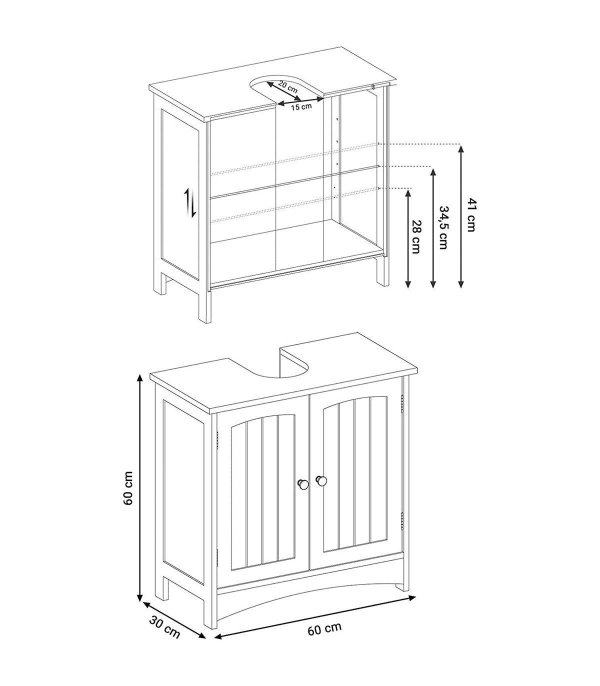 Calicosy Meuble sous vasque blanc avec 2 Portes et 1 étagère réglable - L60 cm  