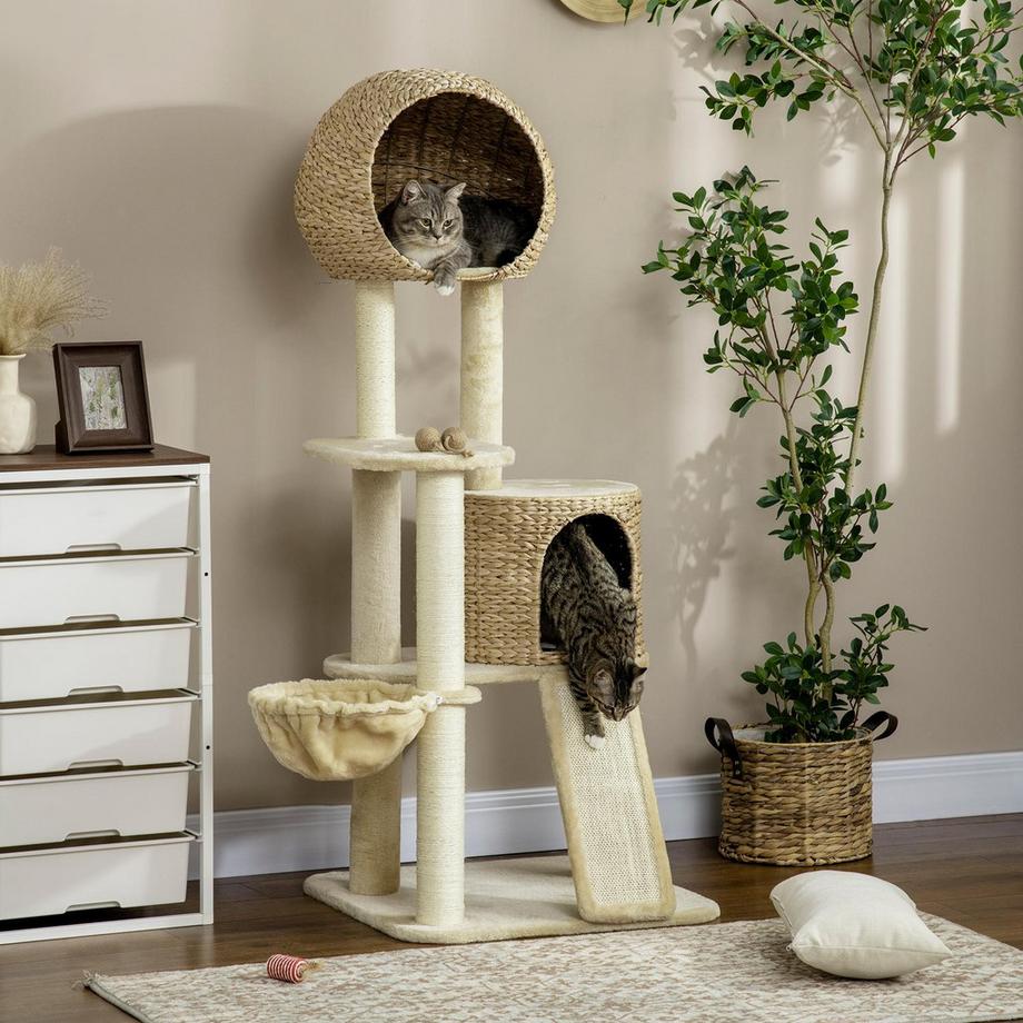 Northio  Kratzbaum katze Mit Katzenhaus aus Rattan, mehrere Plattformen, Hängematte & Rampe, Kippschutz, Plüsch, Beige, 60 x 60 x 150 cm 