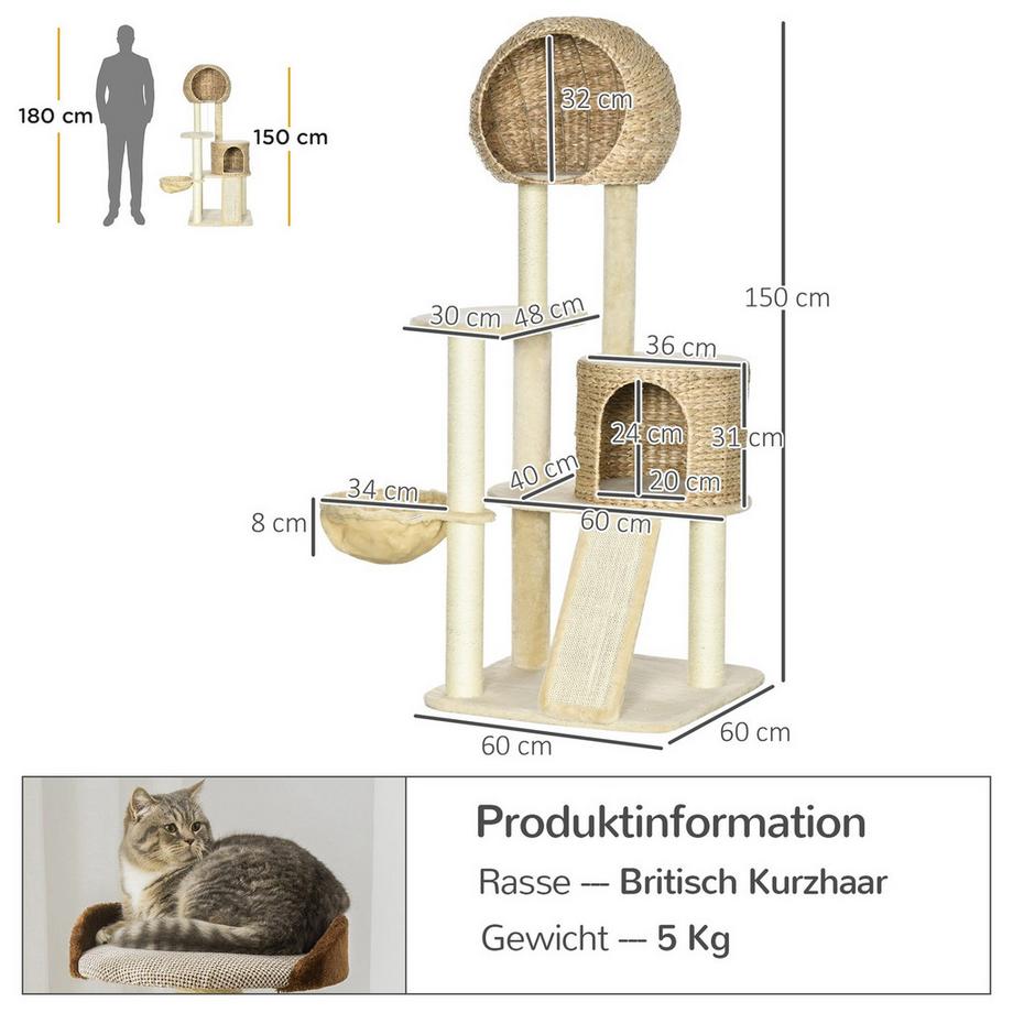 Northio  Kratzbaum katze Mit Katzenhaus aus Rattan, mehrere Plattformen, Hängematte & Rampe, Kippschutz, Plüsch, Beige, 60 x 60 x 150 cm 