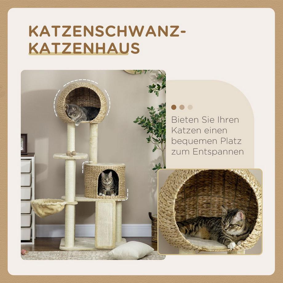 Northio  Kratzbaum katze Mit Katzenhaus aus Rattan, mehrere Plattformen, Hängematte & Rampe, Kippschutz, Plüsch, Beige, 60 x 60 x 150 cm 