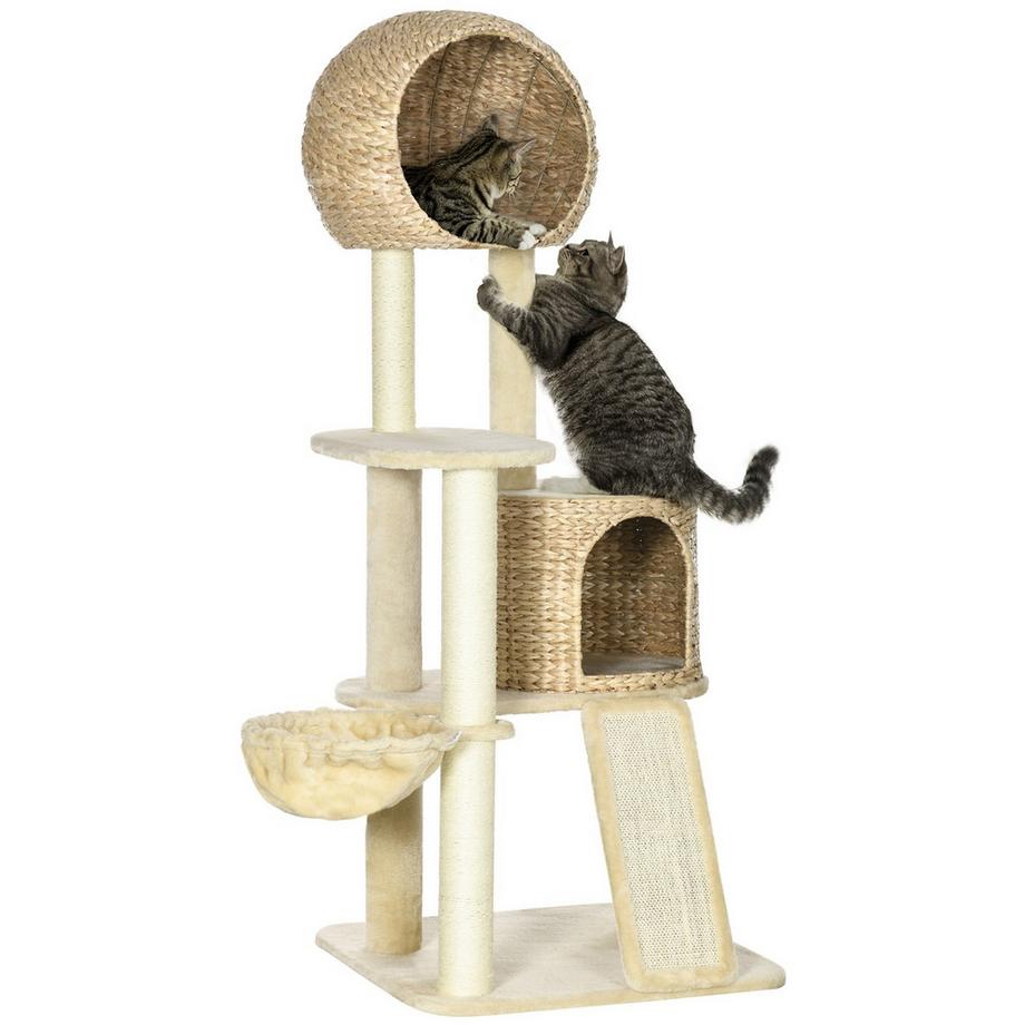 Northio  Kratzbaum katze Mit Katzenhaus aus Rattan, mehrere Plattformen, Hängematte & Rampe, Kippschutz, Plüsch, Beige, 60 x 60 x 150 cm 