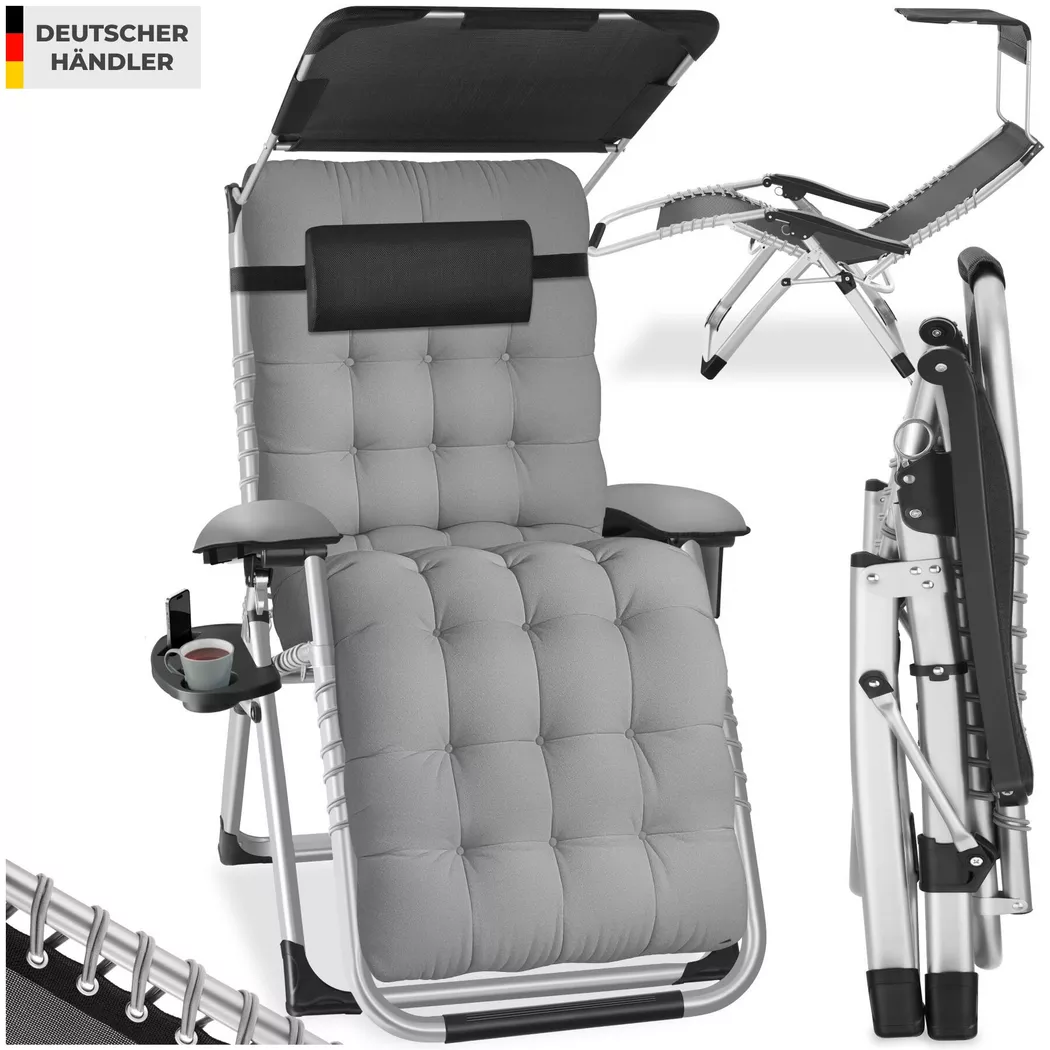 tectake® Sonnenliege, klappbar, flexible Rückenlehne und Fußablage, abnehmbare Sitz-, Arm- und Kopfpolster, mit Ablagetisch und Stautasche