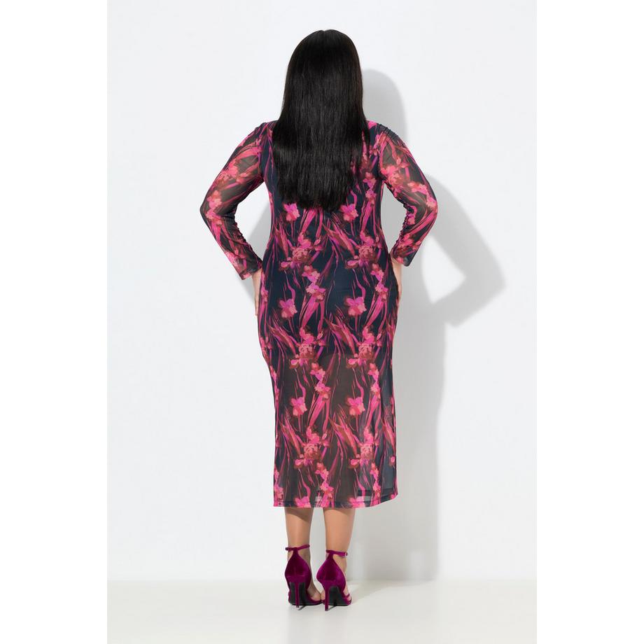 Ulla Popken Robe Maxi en Tulle Fronces Col Rond Manches Longues  