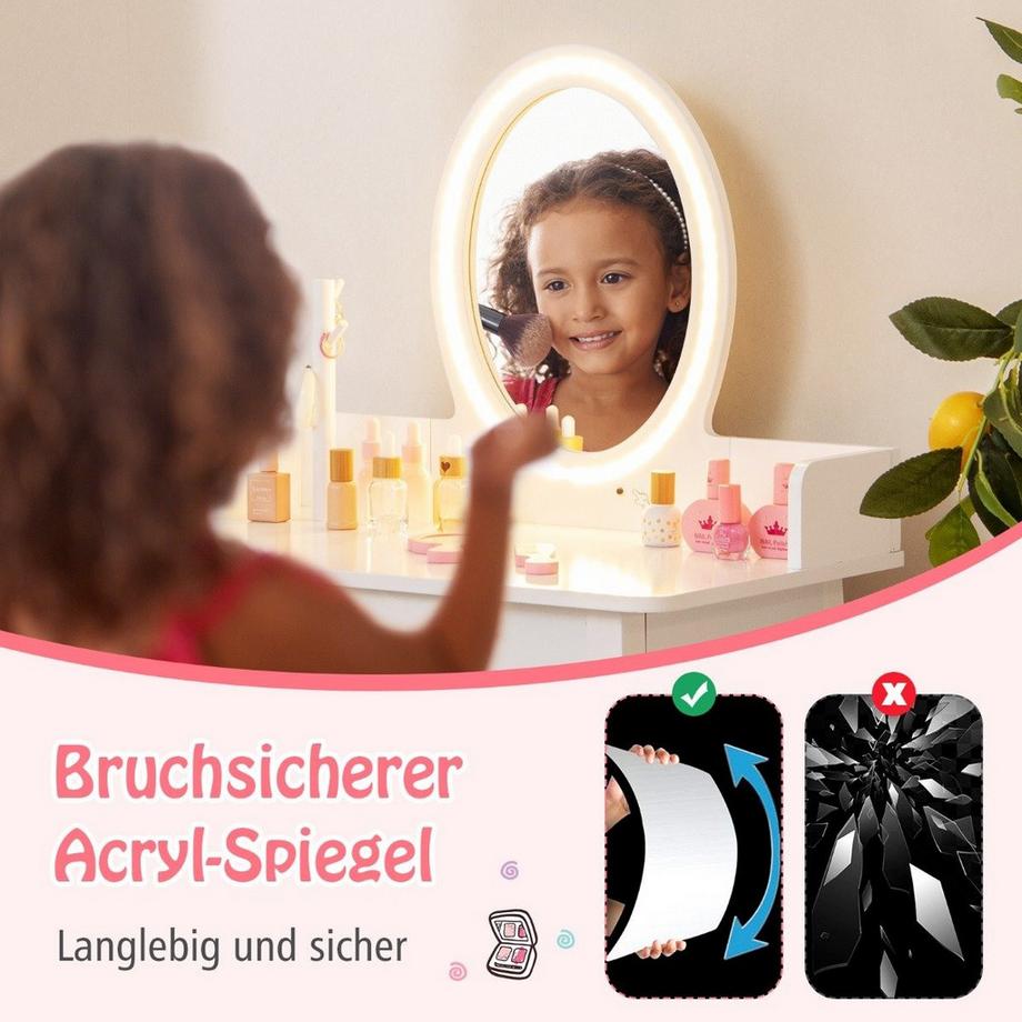 Northix  Tavolo da trucco per bambini con specchio illuminato Tavolo da trucco con sedia Bianco 