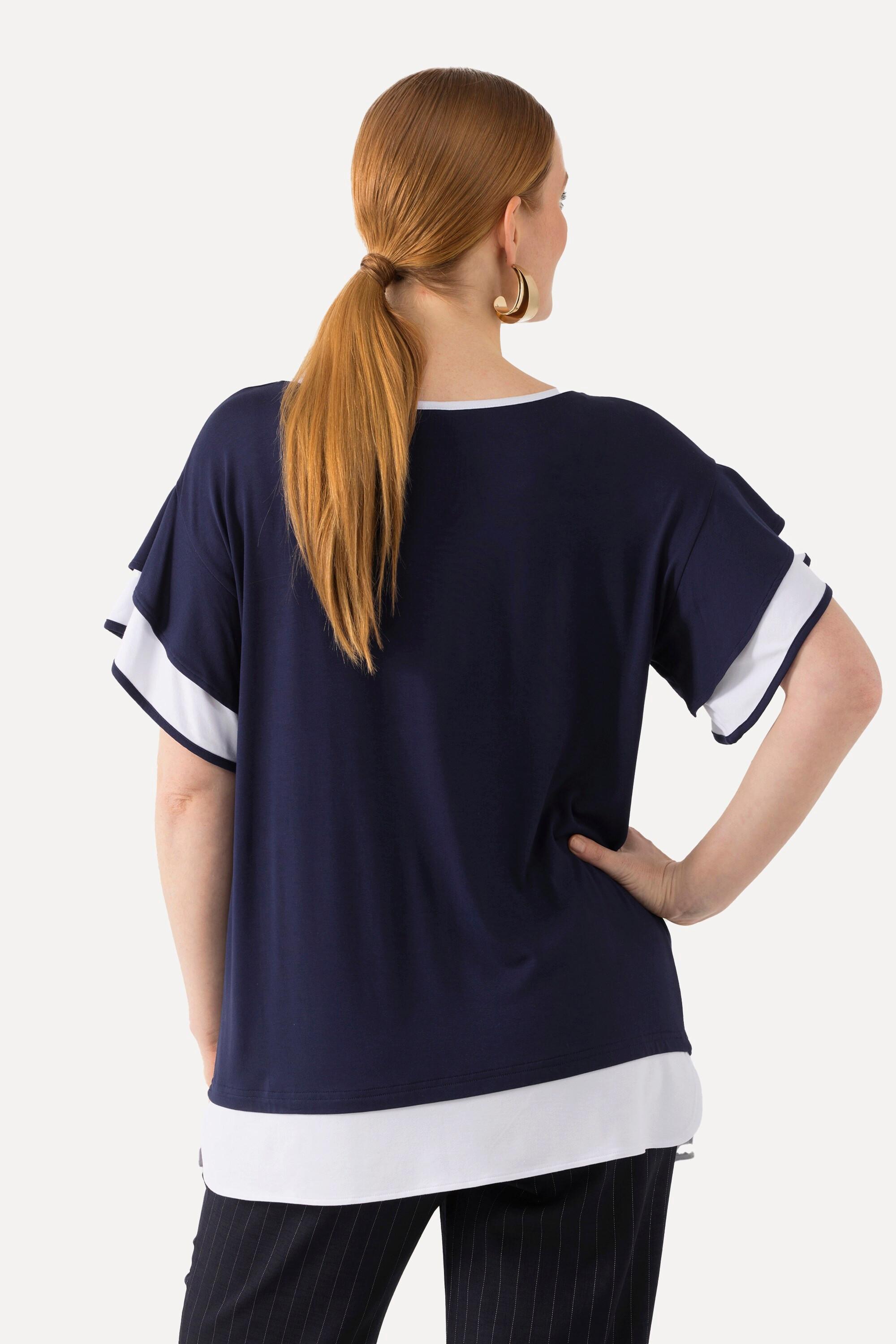 Ulla Popken  T-shirt dal taglio oversize con scollo a girocollo e mezze maniche con volant 