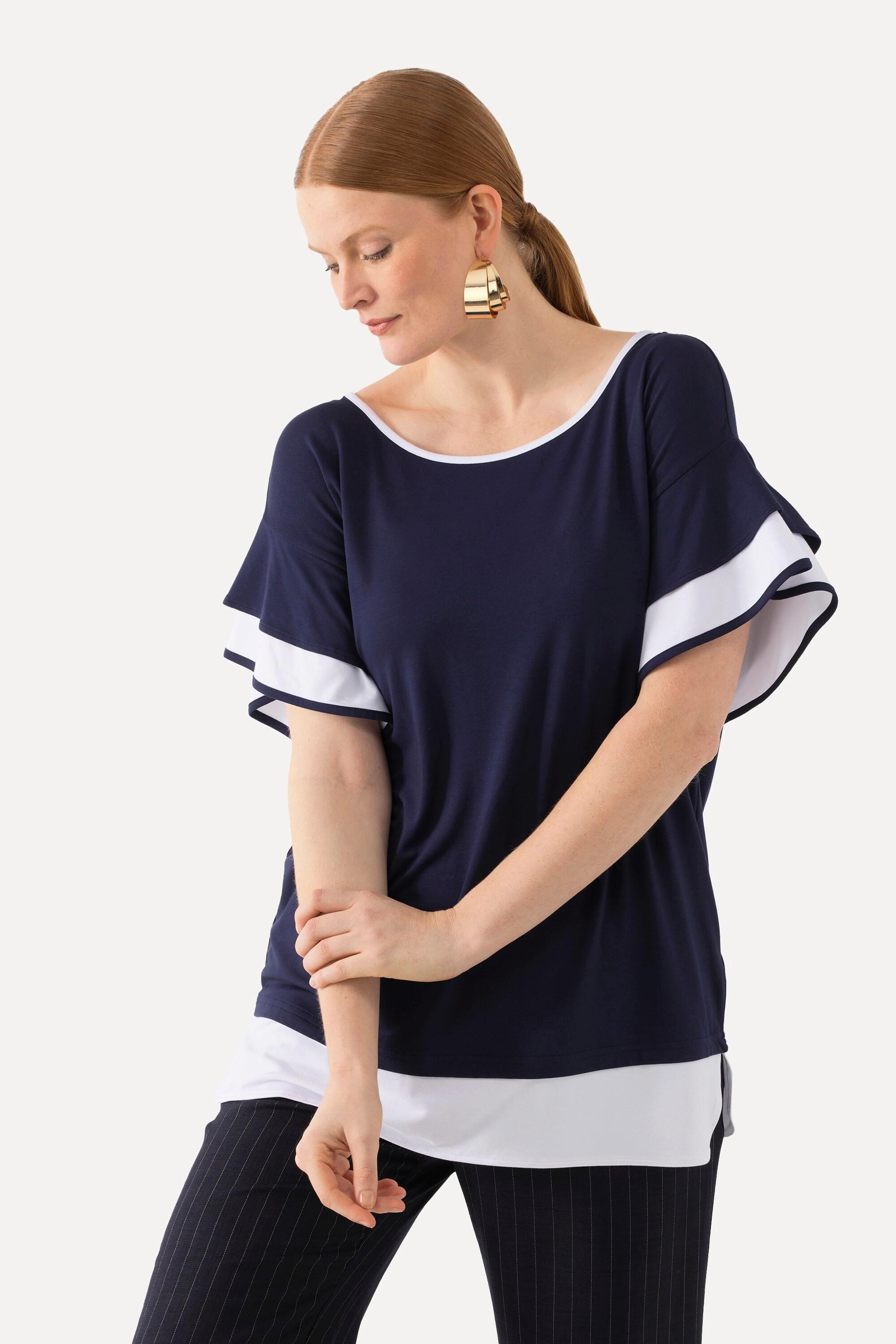 Ulla Popken  T-shirt dal taglio oversize con scollo a girocollo e mezze maniche con volant 