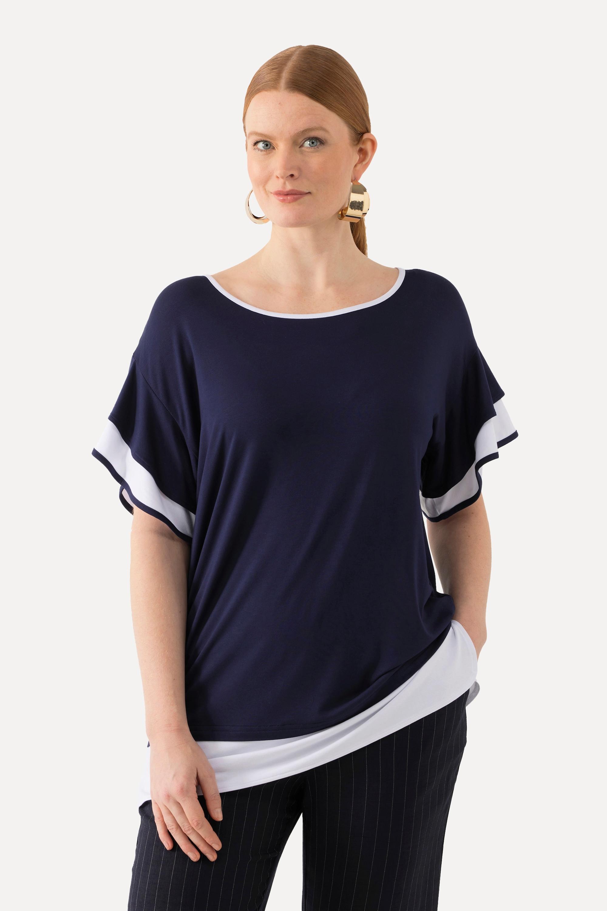 Ulla Popken  T-shirt dal taglio oversize con scollo a girocollo e mezze maniche con volant 