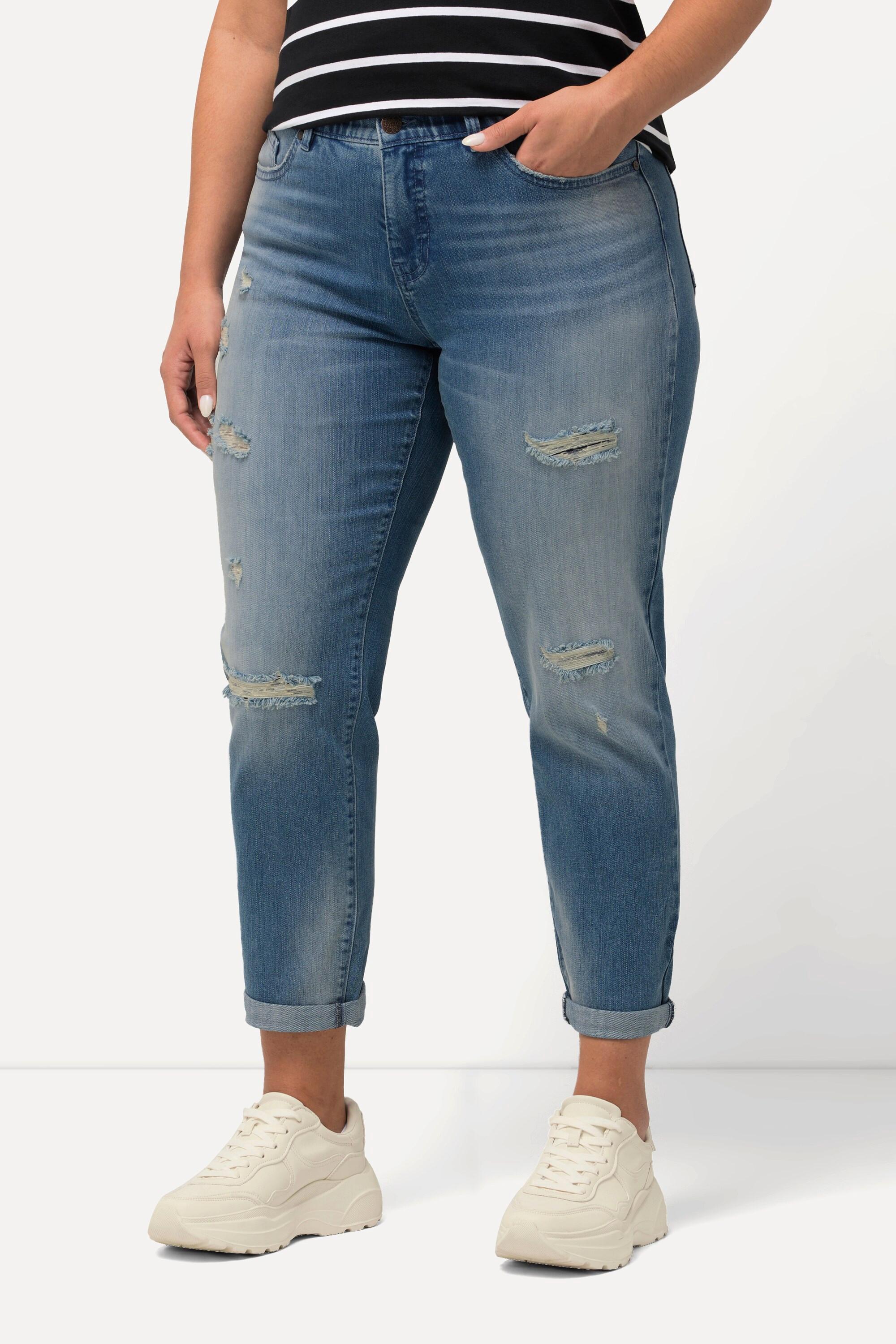 Ulla Popken  Boyfriend jeans con effetto sdrucito e cintura comoda 