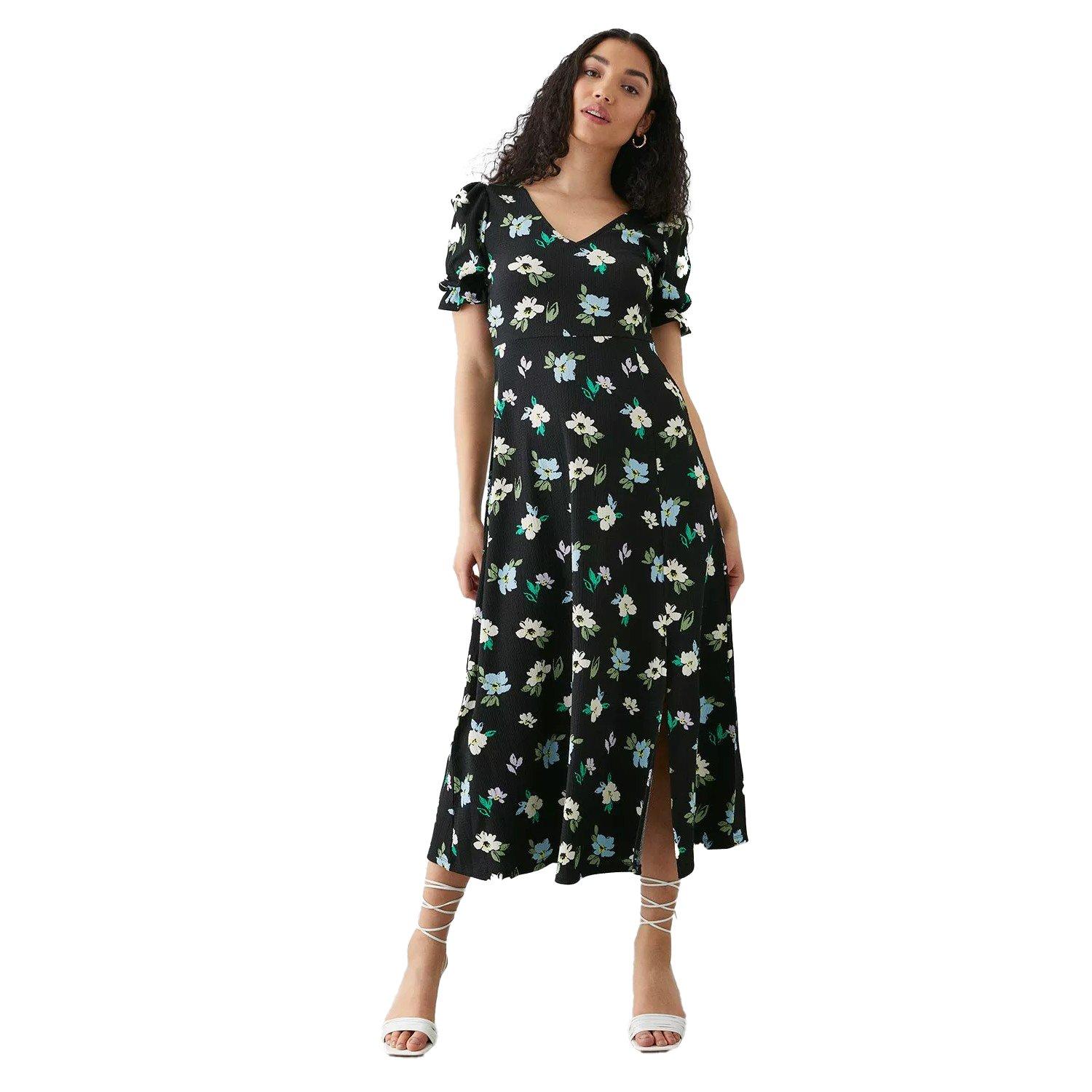 Image of Midikleid Vausschnitt Kurzärmlig Damen Schwarz 38