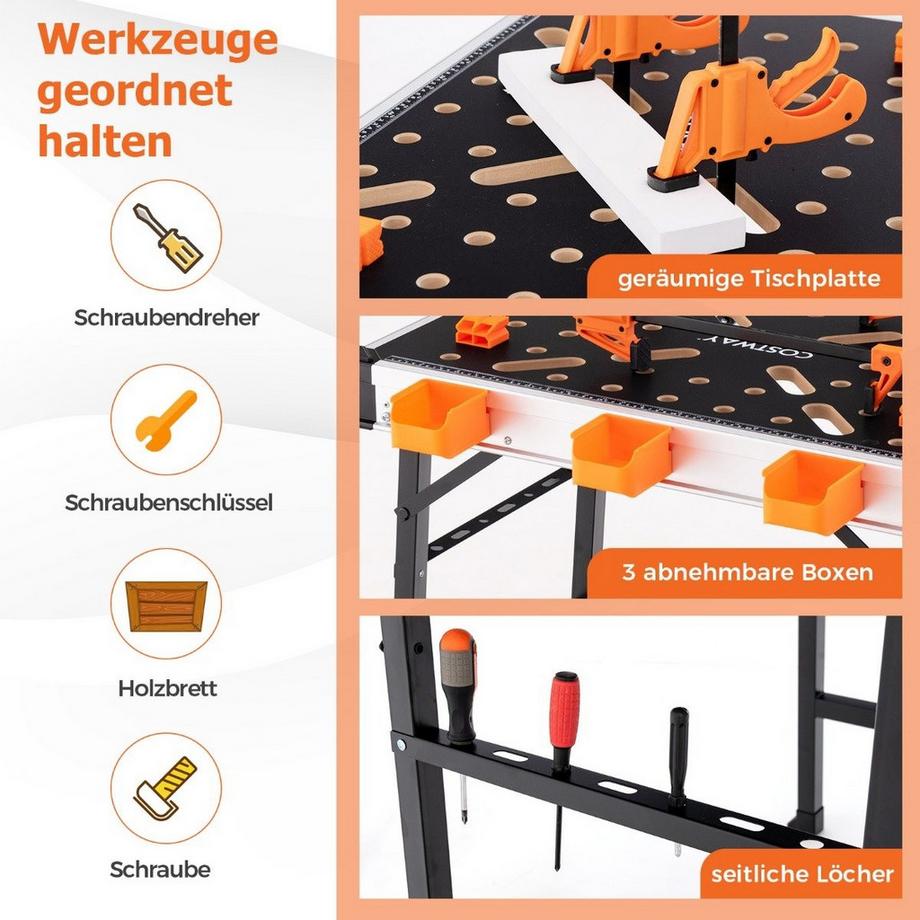 B2X  Arbeitstisch klappbar Werkbank mit 2 Schnellklemmen 3 Werkzeugkästen & Metallrahmen 
