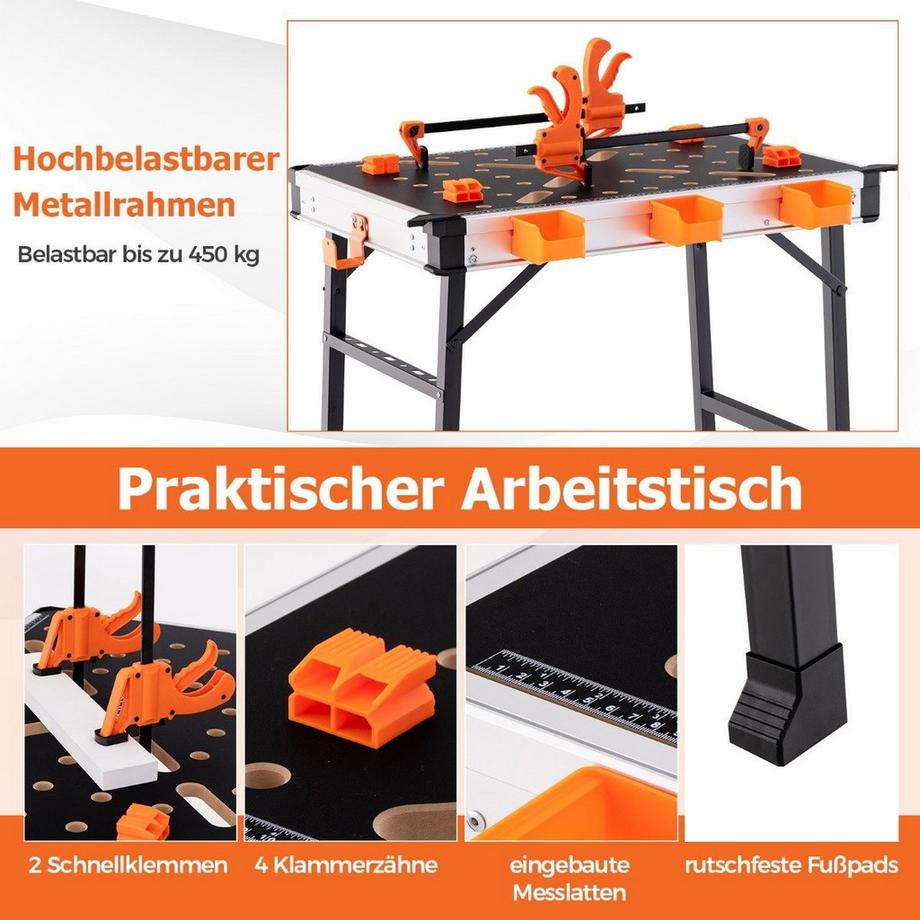 B2X  Arbeitstisch klappbar Werkbank mit 2 Schnellklemmen 3 Werkzeugkästen & Metallrahmen 