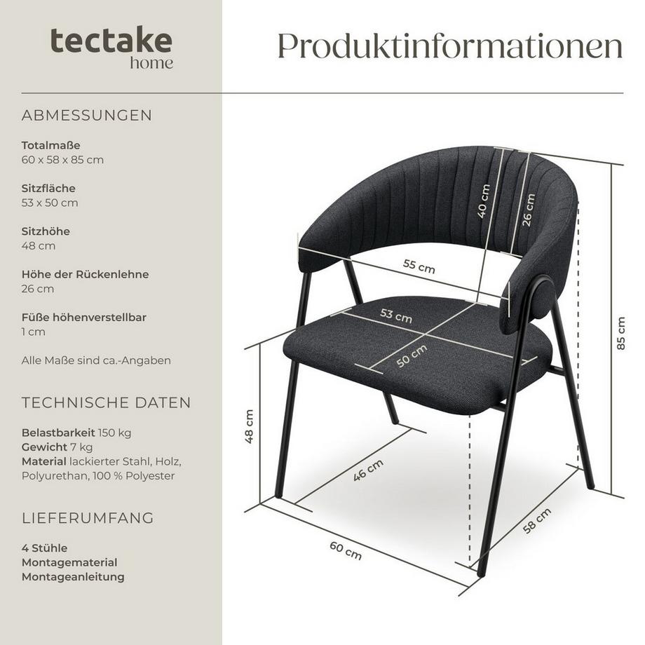 Tectake Armlehnstuhl Bedano Webstoff, gepolstert durchgehende Lehne in C-Form mit Steppmuster  