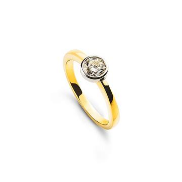 Bague solitaire lunette sertie d'or jaune 750, diamants 0,25ct. or blanc 750