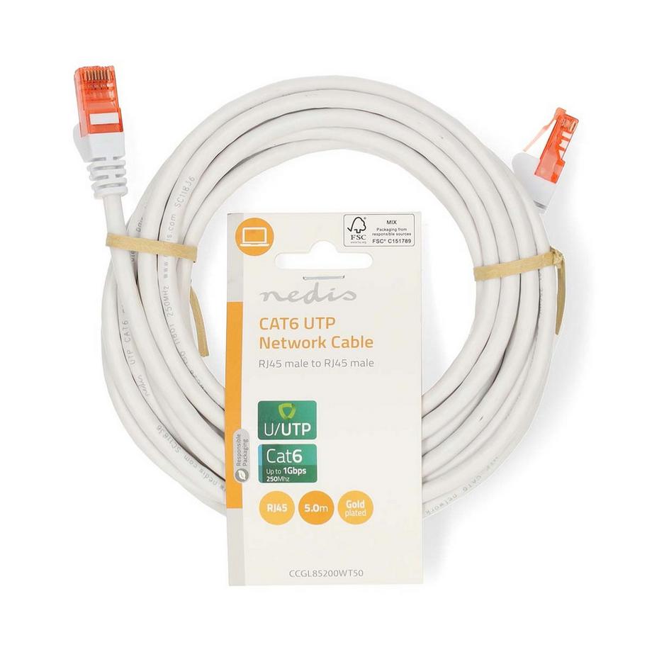 Nedis  Câble réseau CAT6 | RJ45 mâle | RJ45 mâle | U/UTP | 5.00 m | Rond | PVC | Blanc | Etiquette 