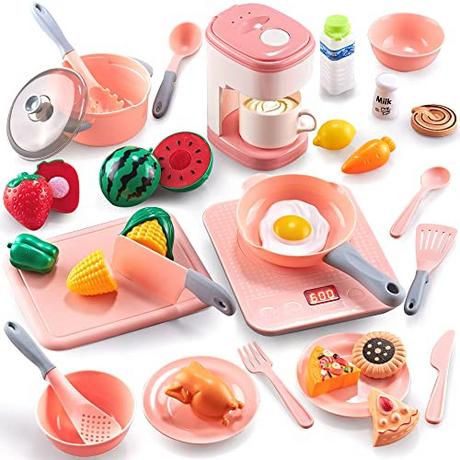 Activity-board  Accessoires de cuisine pour enfants, ensemble de jouets de cuisine, 36 pièces, accessoires de cuisine pour enfants avec cafetière, jouet alimentaire et ustensiles de cuisine 