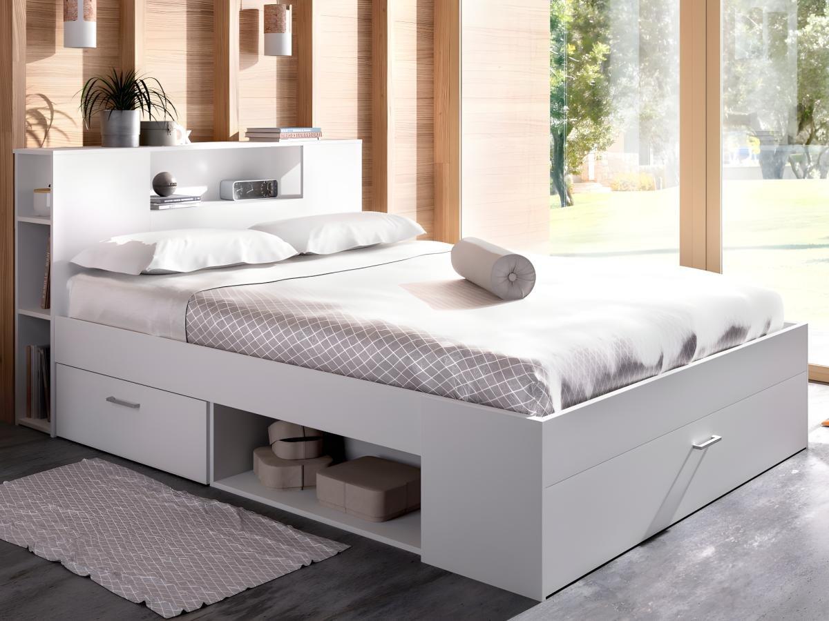 Vente-unique Letto con testata con vani portaoggetti e cassetti 160 x 200 cm: Bianco + Rete LEANDRE  