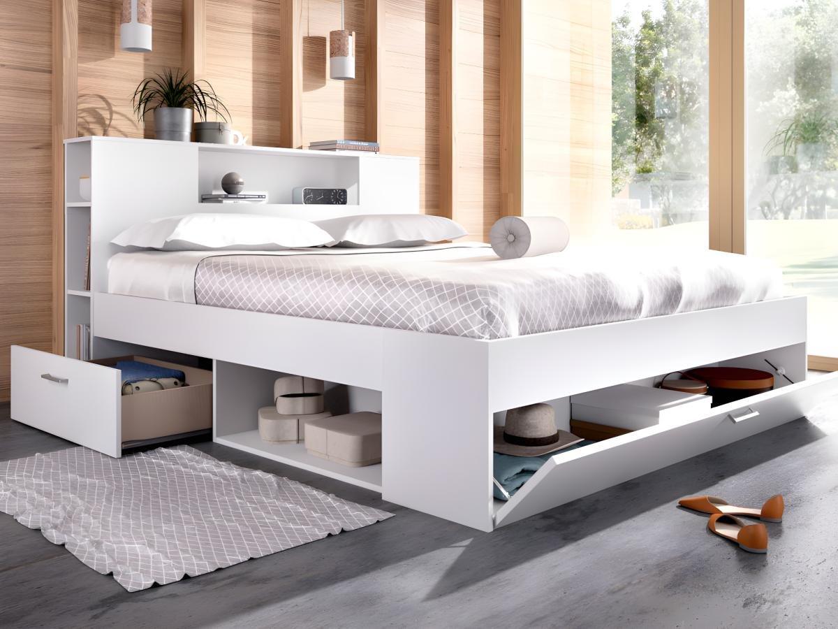 Vente-unique Letto con testata con vani portaoggetti e cassetti 160 x 200 cm: Bianco + Rete LEANDRE  