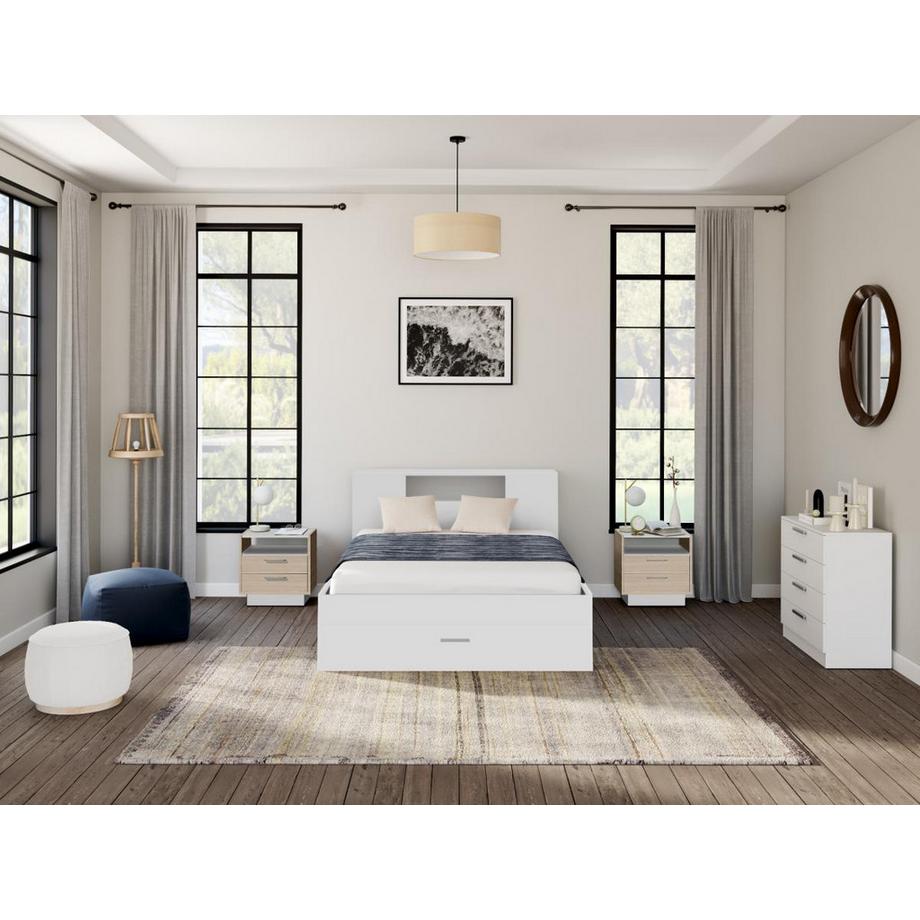 Vente-unique Letto con testata con vani portaoggetti e cassetti 160 x 200 cm: Bianco + Rete LEANDRE  