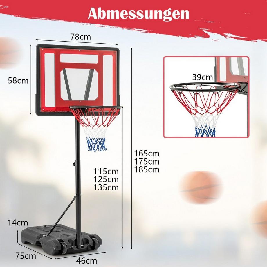 Northix  Pool Basketballkorb outdoor Basketballständer 115-135 cm höhenverstellbar Rot 