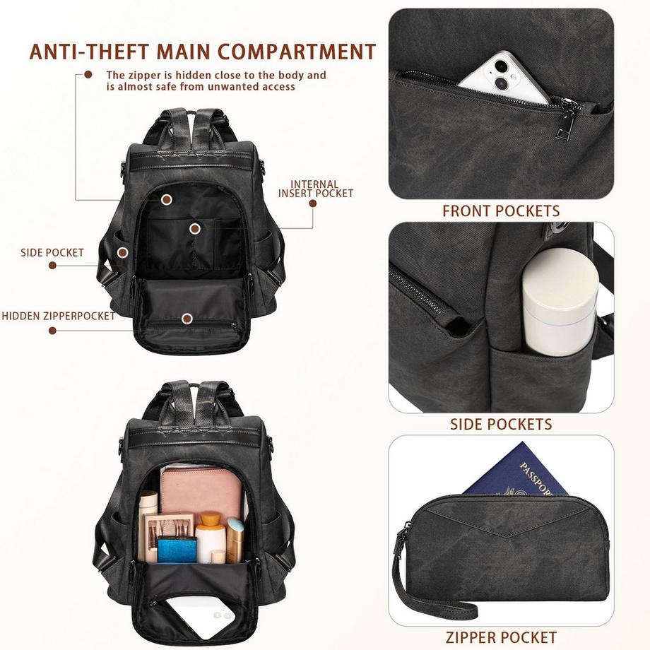 Only-bags.store Kleiner Stadtrucksack aus veganem Leder mit Anti-Diebstahl-Design  